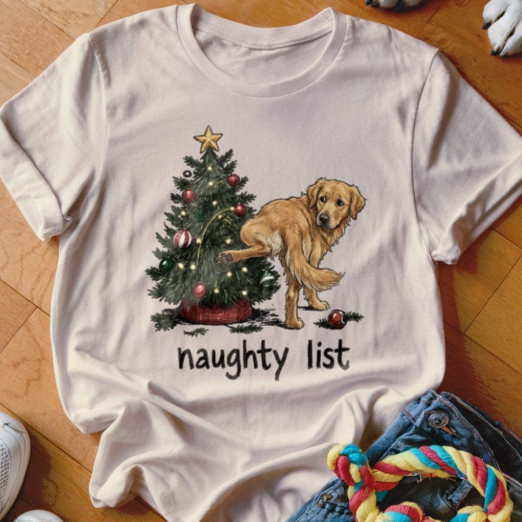 Naughty List Golden Retriever Christmas T-Shirt